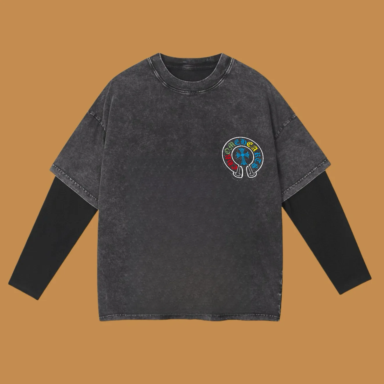 🅿️240 (Cooperation profit) High-end quality Chrome Hearts 2025SS spring and summer wear Fake two-piece washed snowflake series Sanskrit cross ✟ Fake two-piece long T-shirt Using imported Kornit digital direct-injection printing Custom-dyed high-quality trendy brand 100% cotton washed 260G fabric Ready-made garments dyed ➕washed fried snowflake OS loose off-shoulder version Same style for men and women size: S.M.L.XL.2XL